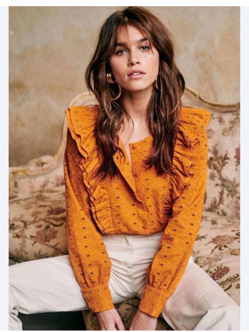 Sezane Paris Shirt Cotton Embroidered Floral Long Sleeve Blouse